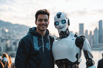 Casual guy posing with the AI robot on cityscape background. Artificial intelligence and robotics concept. Selfie portrait for poster, presentation, commercial