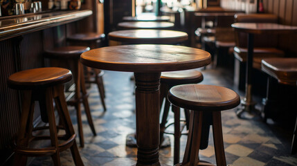 wooden pub tables and wooden chairs in  cafe