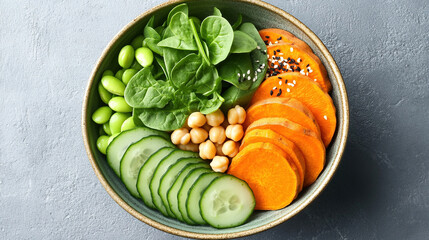 A vibrant and colorful plant-based bowl. World Vegetarian Day. Healthy eating. Fresh organic vegetables. Colorful assortment of vegetables. Vibrant salad bowl. Healthy vegan bowl. Vegan meal. Protein