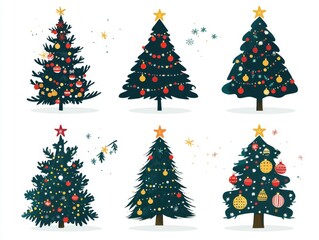 Obraz premium 2408 46.A set of simple yet elegant Christmas trees, each with a unique design. One tree is decorated with colorful ornaments, another with sparkling lights, and a minimalist tree is adorned with