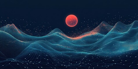 Abstract digital landscape with red sphere on dark blue background and glowing lines depicting futuristic data visualization