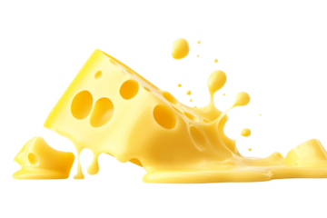 Melting cheese slice with a splash effect isolated on a white background. Concept of dairy products and cheese.