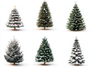 Fototapeta premium 2408 48.A collection of Christmas trees in different styles, displayed against a white background. One tree is heavily decorated with baubles and tinsel, another is covered in snow with twinkling