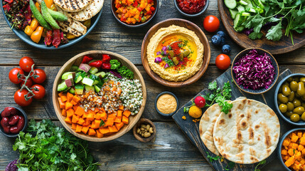 A vibrant and colorful plant-based bowl. World Vegetarian Day. Healthy eating. Fresh organic vegetables. Colorful assortment of vegetables. Vibrant salad bowl. Healthy vegan bowl. Vegan meal. Protein