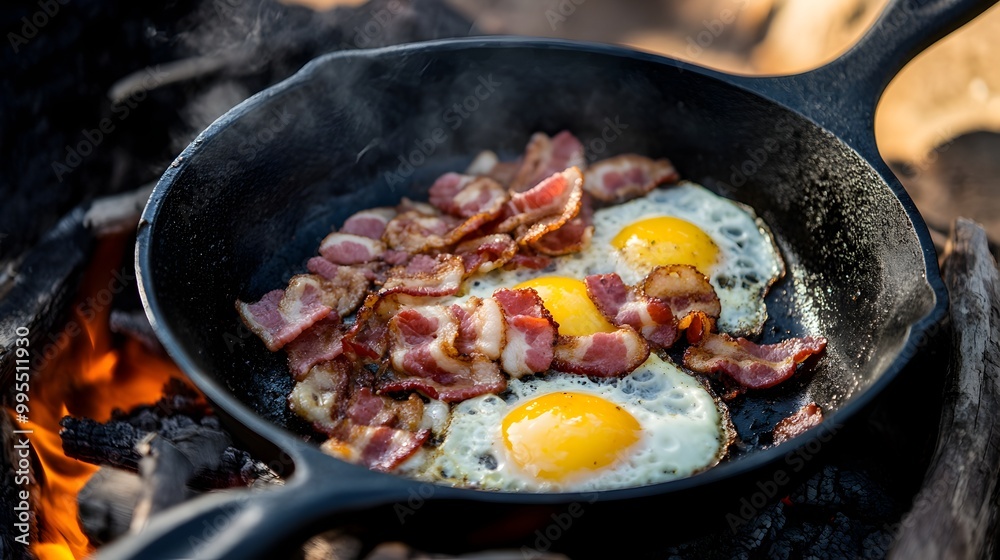 Aufkleber sizzling bacon and eggs cooking in a cast iron skillet over an open flame rustic homemade breakfast 