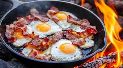 Fototapeta premium Sizzling bacon and eggs cooking in a cast iron skillet over an open flame creating a delicious and rustic breakfast scene in a natural outdoor setting