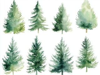 2408 51.A delicate set of watercolor Christmas pine trees, each painted in soft shades of green with subtle gradients. The trees are isolated on a white background, capturing the natural beauty and