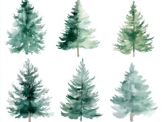 Obraz premium 2408 51.A delicate set of watercolor Christmas pine trees, each painted in soft shades of green with subtle gradients. The trees are isolated on a white background, capturing the natural beauty and