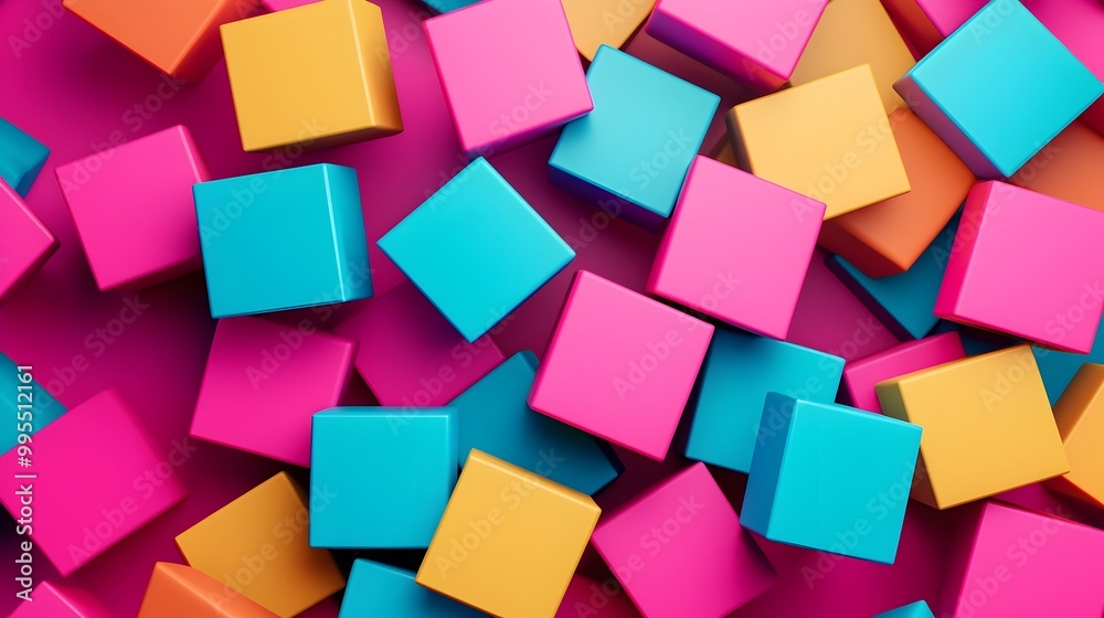 Poster Vibrant and dynamic 3D featuring a composition of colorful cubes and geometric shapes against a vibrant background creating a modern futuristic and creative digital artwork