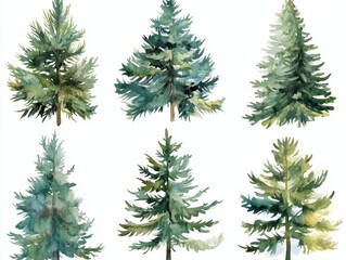 2408 52.A set of greenery Christmas pine trees in watercolor style, featuring different sizes and shapes. Each tree is beautifully rendered with varying shades of green, highlighting the natural