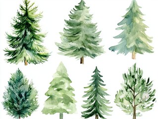 2408 53.A watercolor illustration of a set of Christmas pine trees in various shapes and styles, painted in rich green hues. The trees are isolated on a white background, with soft brush strokes and