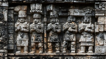 view of an intricate temple relief carving showcasing warriors in ornate headdresses and attire
