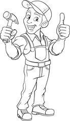 A handyman or carpenter cartoon construction man mascot character holding a hammer tool