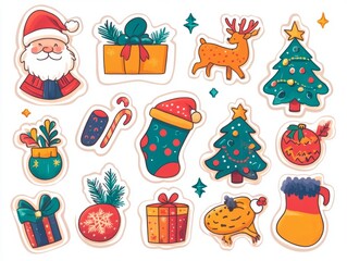 2408 58.A colorful set of Christmas and New Year stickers in cartoon style, showcasing holiday-themed items like Santa, reindeer, Christmas trees, and cozy decorations. Each illustration is drawn in