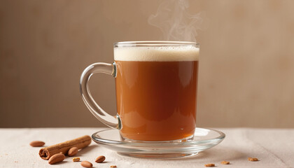 Steaming cup of chai tea in a glass mug on a saucer with cinnamon and almonds