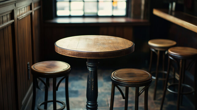 wooden bup tables and wooden chairs in front of window