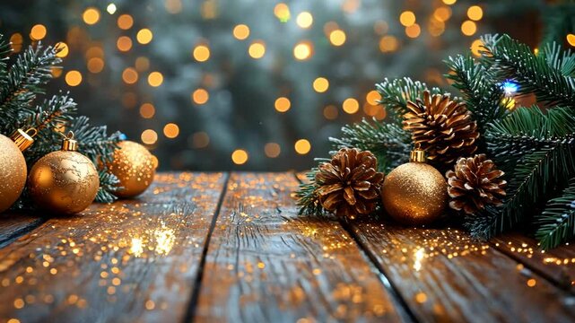 A wooden table with a bunch of gold ornaments and pine cones on it. The table is decorated for Christmas