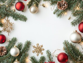 2408 66.A festive flat lay Christmas frame composed of lush spruce branches, shimmering red and gold ornaments, and delicate Christmas decorations arranged on a white background. The composition