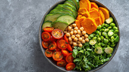 A vibrant and colorful plant-based bowl. World Vegetarian Day. Healthy eating. Fresh organic vegetables. Colorful assortment of vegetables. Vibrant salad bowl. Healthy vegan bowl. Vegan meal. Protein