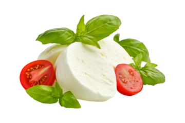 Fresh mozzarella cheese balls with basil leaves isolated on white background. Concept of fresh dairy products and Italian cuisine