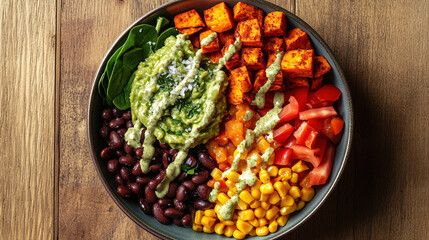 A vibrant and colorful plant-based bowl. World Vegetarian Day. Healthy eating. Fresh organic vegetables. Colorful assortment of vegetables. Vibrant salad bowl. Healthy vegan bowl. Vegan meal. Protein