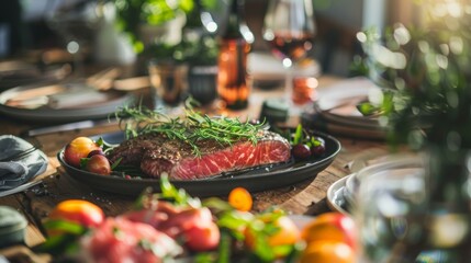 Delicious roast beef served on a rustic wooden dining table with fresh garnishes and colorful vegetables enjoying a bright setting