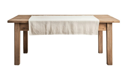 Rustic wooden table with a white linen runner draped across the top. Suitable for dining setups, decor accents, or interior design inspiration. Isolated on transparent background, png.