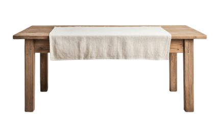 Rustic wooden table with a white linen runner draped across the top. Suitable for dining setups, decor accents, or interior design inspiration. Isolated on transparent background, png.