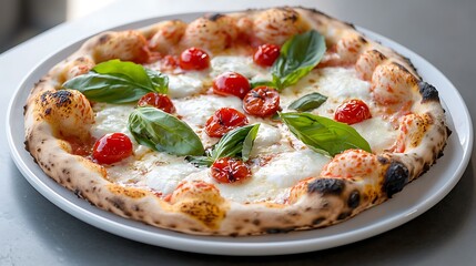 A plate of artisan pizza with a perfectly crisp crust, topped with mozzarella, basil, and ripe cherry tomatoes. The melted cheese and charred crust are captured with high-end detail, making the pizza