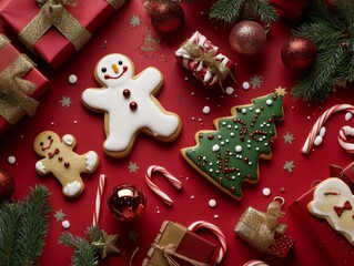 2408 78.A red Christmas-themed backdrop with an array of gingerbread cookies shaped as snowmen, stars, and Christmas trees. The cookies are paired with beautifully wrapped presents and sparkling
