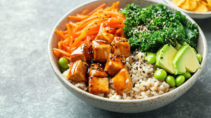 A vibrant and colorful plant-based bowl. World Vegetarian Day. Healthy eating. Fresh organic vegetables. Colorful assortment of vegetables. Vibrant salad bowl. Healthy vegan bowl. Vegan meal. Protein
