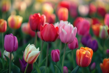 Fototapeta premium A vibrant display of colorful tulips blooming in a lush garden during springtime showcasing a beautiful variety of hues and shapes