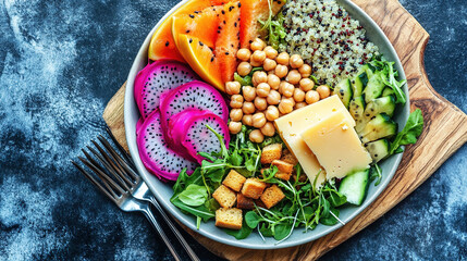 A vibrant and colorful plant-based bowl. World Vegetarian Day. Healthy eating. Fresh organic vegetables. Colorful assortment of vegetables. Vibrant salad bowl. Healthy vegan bowl. Vegan meal. Protein