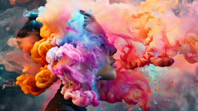 A woman with colorful hair and a face covered in smoke. The smoke is coming from her mouth and is in the shape of a cloud. The image is abstract and surreal, with a sense of chaos and confusion