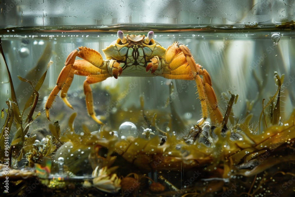 Poster a crab emerges from the seaweed in a tranquil underwater setting while bubbles rise to the surface i