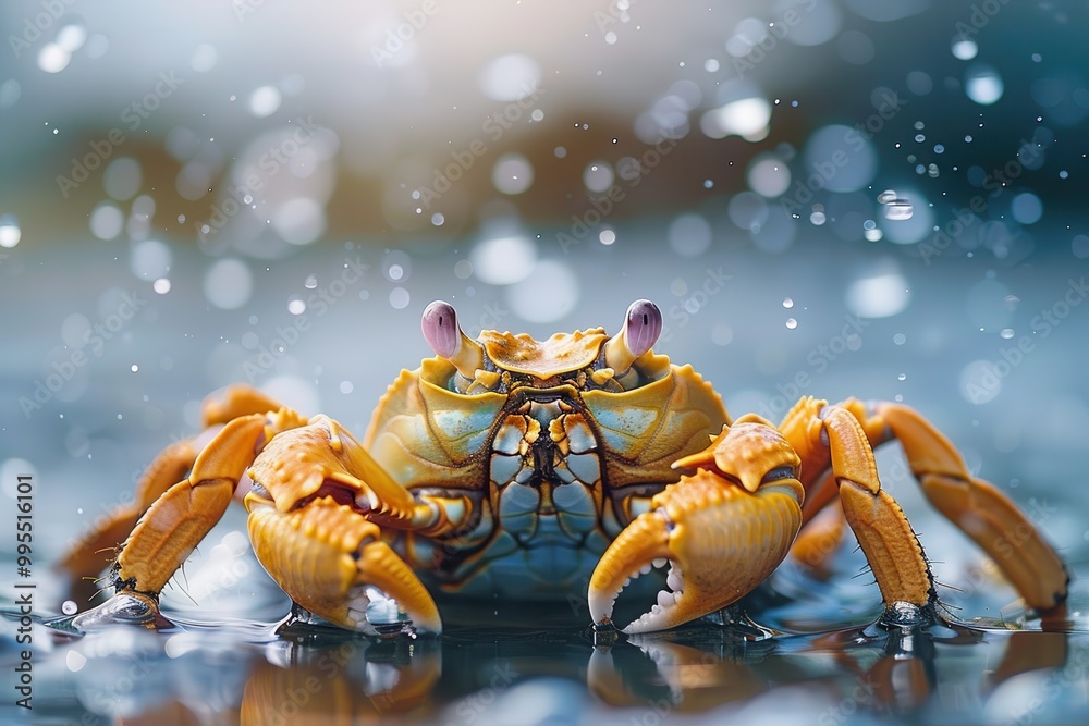 Poster A crab emerges from the seaweed in a tranquil underwater setting while bubbles rise to the surface in a serene coastal water environment