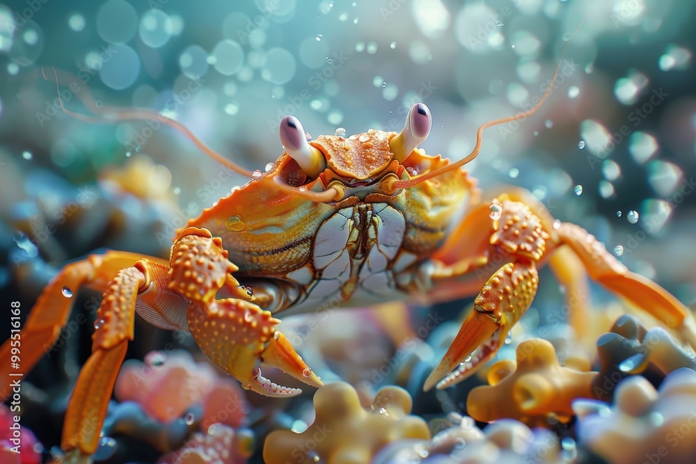 Poster a crab emerges from the seaweed in a tranquil underwater setting while bubbles rise to the surface i