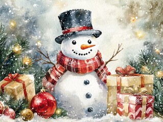 2408 101.A charming watercolor illustration of a smiling snowman wearing a cozy scarf and top hat, surrounded by festive Christmas decorations. The snowman stands beside twinkling ornaments, pine