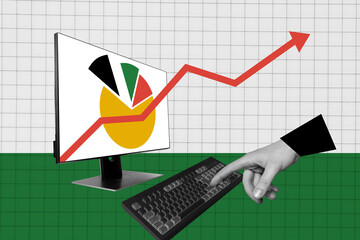 Collage image artwork of business person working media statistics analysis grow up isolated on...