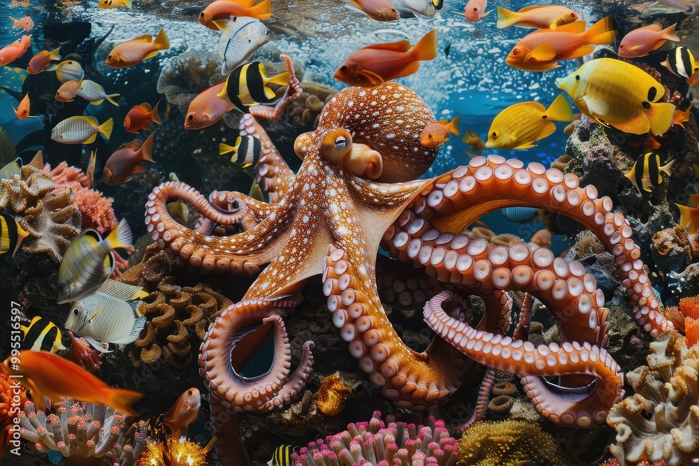 Poster a vibrant coral reef teeming with colorful fish and a curious octopus exploring its underwater habit