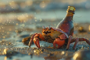 A crab discovers a glass bottle on a sandy beach during low tide, with gentle waves crashing in the background at sunset