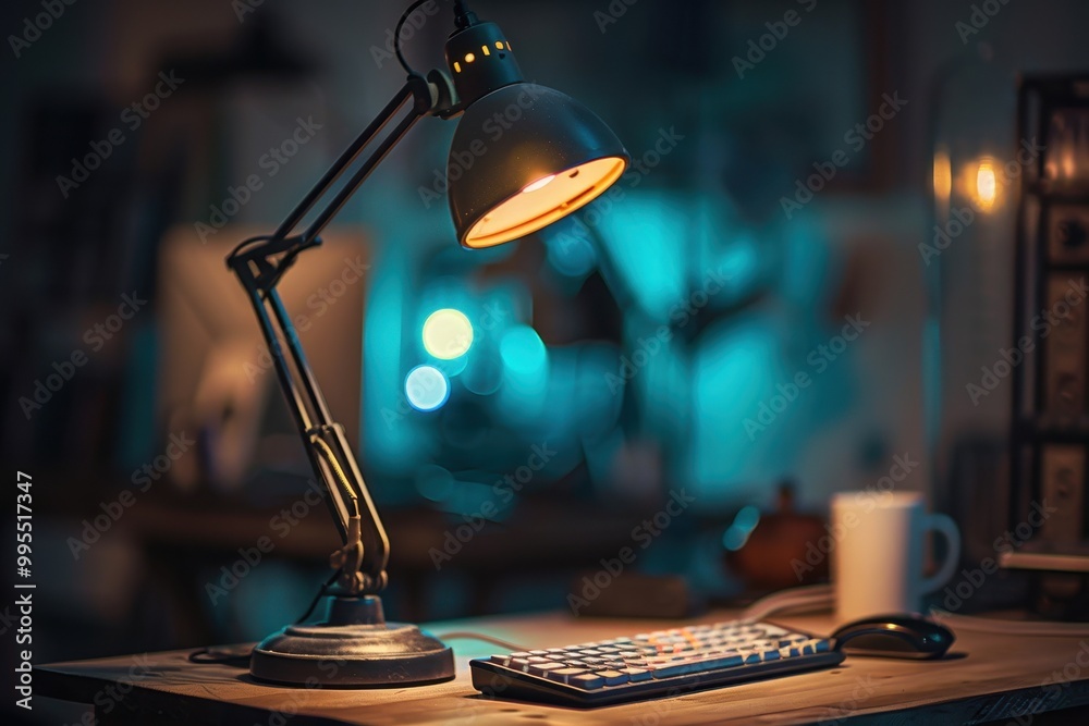 Leinwandbilder a cozy home office workspace at dusk with a warm desk lamp illuminating a computer and keyboard surr