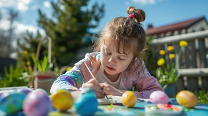 A young woman with Down syndrome enjoys a creative activity by painting Easter eggs for Easter in her backyard.