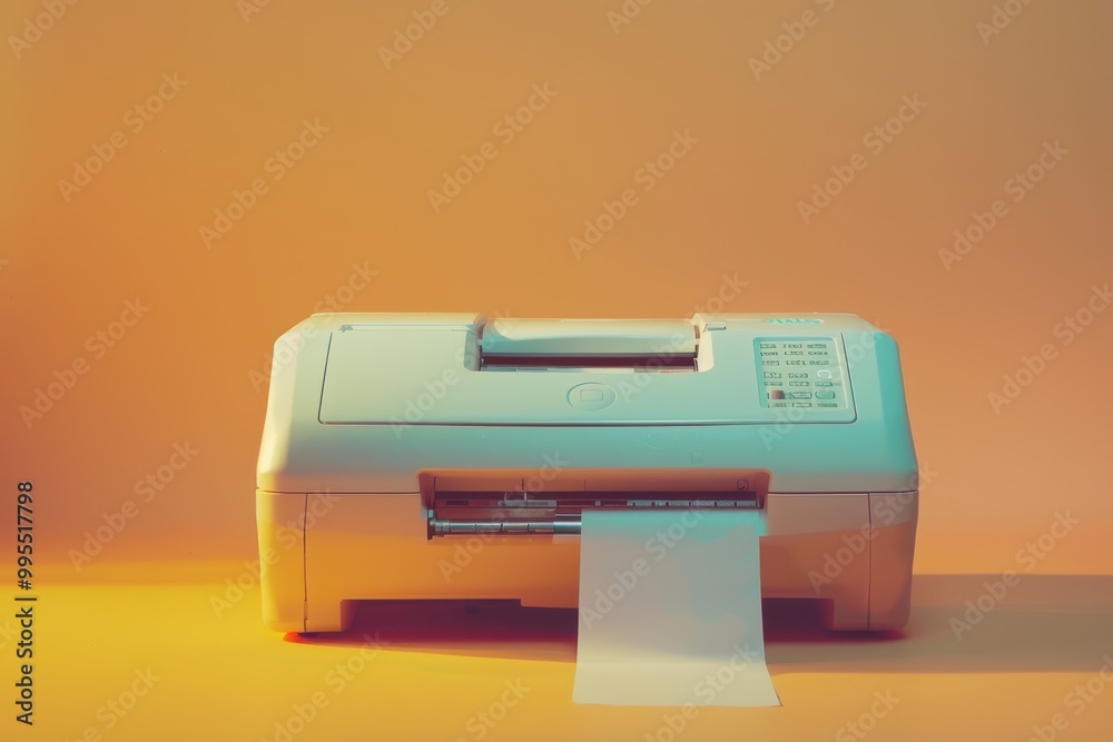 Poster a cozy home office workspace featuring a printer on a wooden desk with a lamp and plants, illuminate