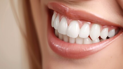 Obraz premium Close-up of a woman's smile showcasing healthy white teeth. The bright, glossy smile exudes happiness and confidence.