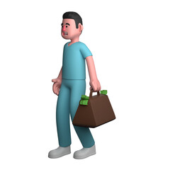 Illustrative 3D Male Nurse. A male nurse is seen walking while his left hand is carrying a bag containing a lot of money. Professional