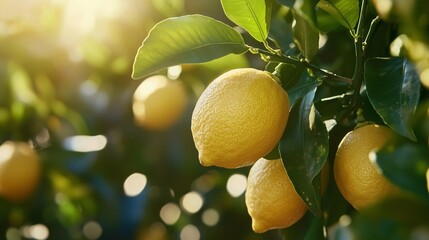 Lush lemon grove at sunset with ripe lemons hanging from vibrant green branches in a serene agricultural landscape