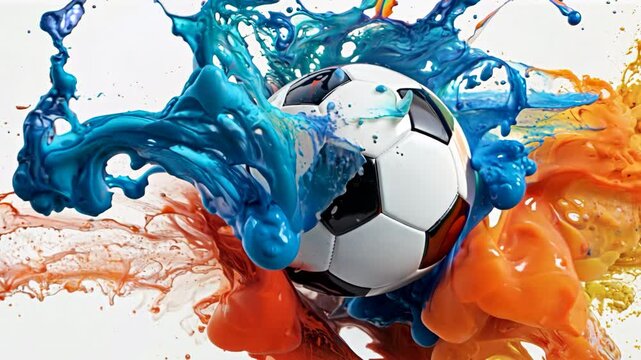 A soccer ball is surrounded by a splash of orange and blue paint. The splash is in the shape of a circle and is located above the ball