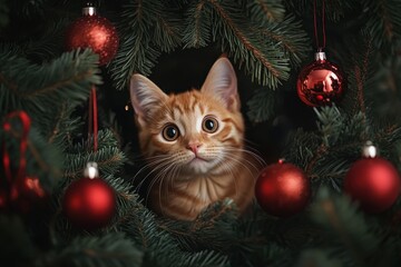 Cute Ginger Kitten Peeking Through Christmas Tree Ornaments: A Close-Up of Fluffy Holiday Mischief - Little Xmas Troublemaker 