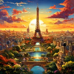 Obraz premium This striking image depicts the Eiffel Tower bathed in the golden hues of sunset, surrounded by the iconic Parisian cityscape. The vibrant sky, dotted with clouds, enhances the romantic and
